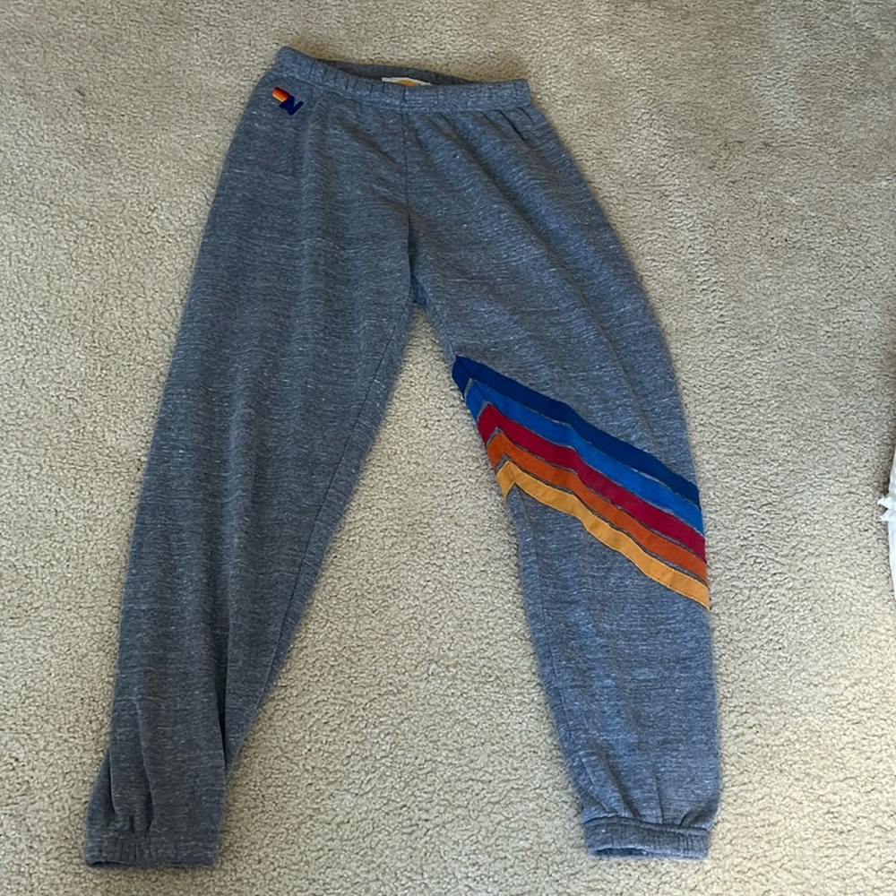 Aviator Nation-Gray sweatpants with rainbow on the knee